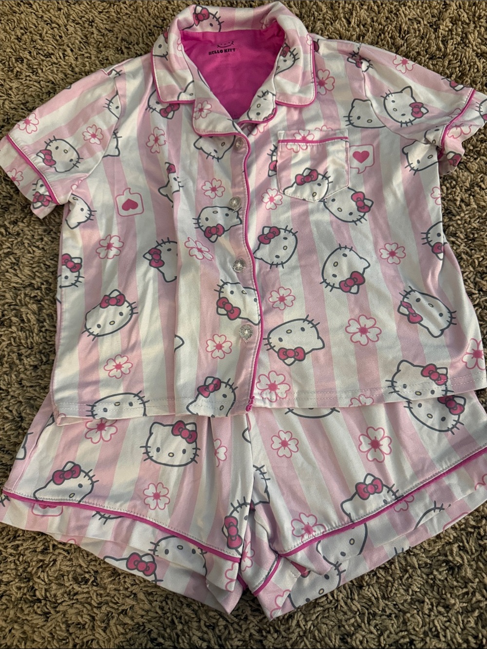 Hello Kitty Pink and White Striped Short Pajama Set with Floral Accents